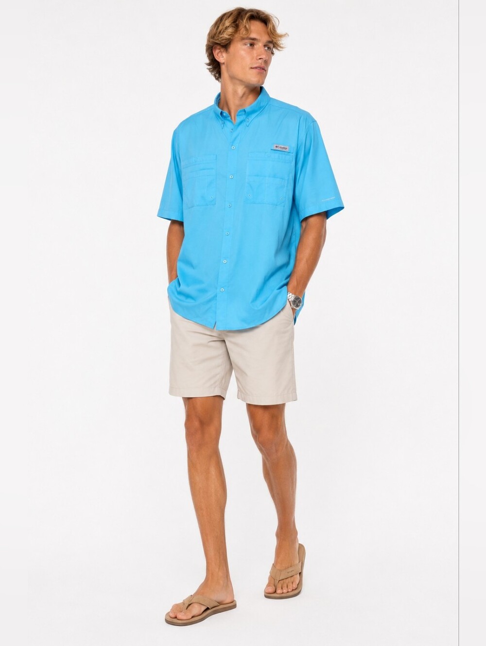 Columbia Size XXL Short-Sleeve Button-Down Fishing Shirt Bright Blue Omnishade